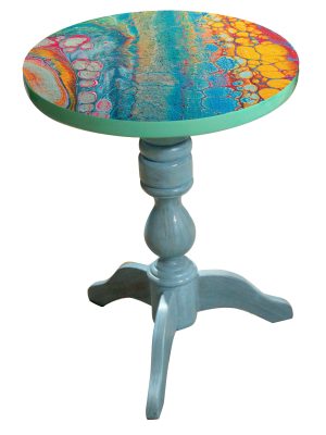 Abstract Splash Round Coffee Table – 24x24 Epoxy MDF Top with Mahogany Legs