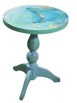 Aqua Blue Marble Round Coffee Table – 24x24 Epoxy MDF Top with Mahogany Legs