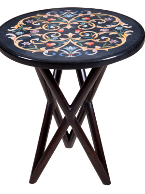 Black Floral Inlay Round Coffee Table – 24x24 Epoxy MDF Top with Mahogany Legs
